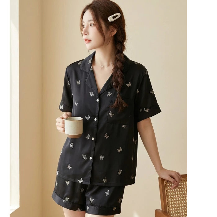 Đồ Ngủ Họa Tiết sức sống trẻ trung cho nữ mùa hè tay áo viền ren tay ngắn Bộ đồ mặc nhà Dễ Thương