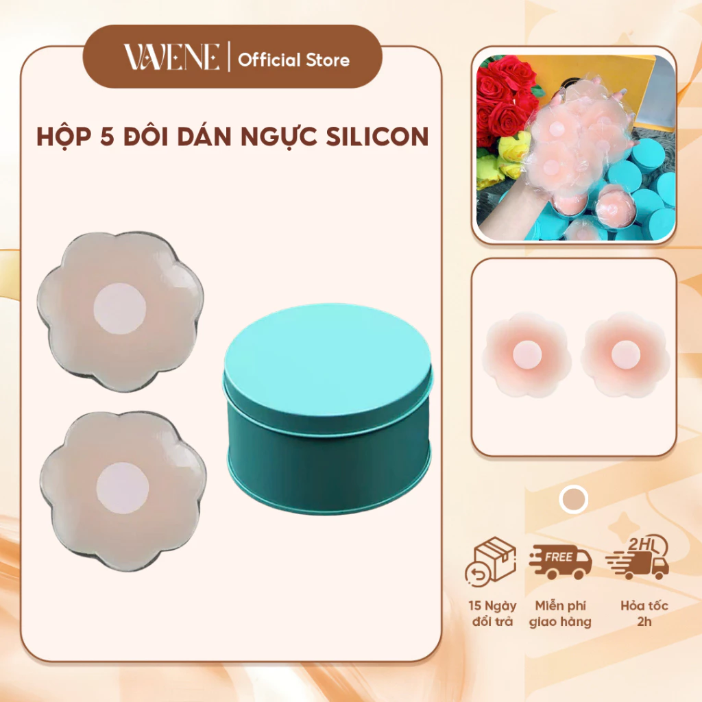 COMBO Hộp 5 đôi dán Vanvene, miếng dán nhũ hoa silicon siêu mềm, chống nước, tái sử dụng nhiểu lần