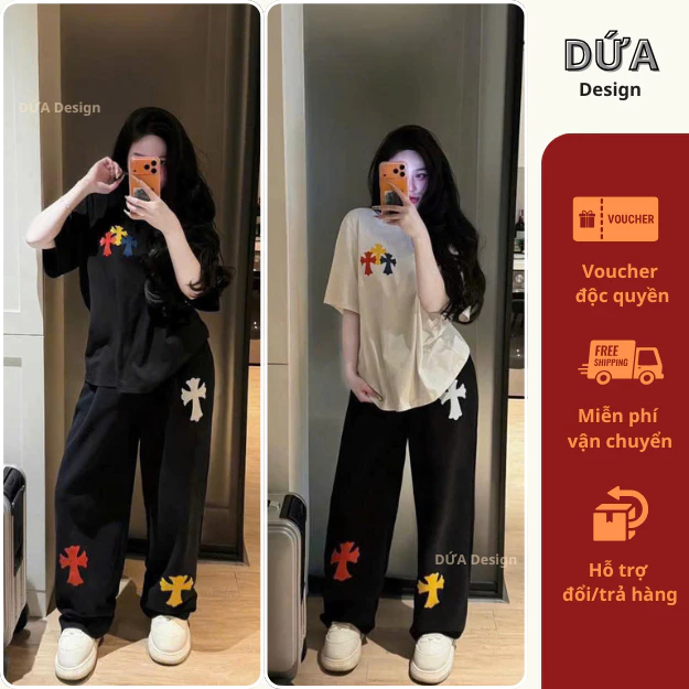 S5 Set Đồ Nữ T-Chorme Sắc Màu Áo Thun Form Rộng In Họa Tiết Phối Quần Jogger Năng Động Phong Cách Hàn Quốc Hot Trend