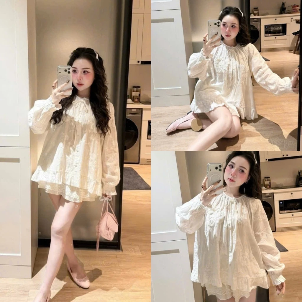 (Hàng Mới): Áo Sơ Mi Cổ Tròn Thêu Hoa Cúc Bọc Buộc Dây Thiết Kế Túi Ngực Bèo 2 Màu-Ảnh Thật Lollaye