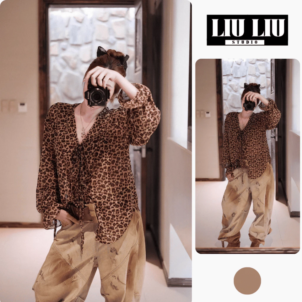 Áo Voan Tơ Nữ Họa Tiết Beo LIULIU L18 – Áo Kiểu Tay Dài Cổ V Nhún Dây, Form Rộng Sexy Cá Tính, Freesize <68kg