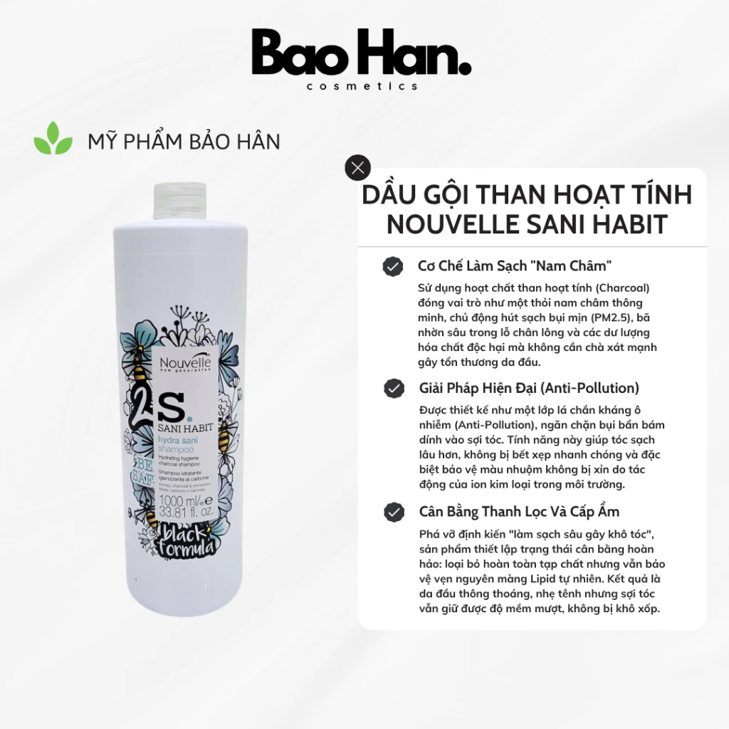 DẦU GỘI THAN HOẠT TÍNH NOUVELLE SANI HABIT 2S 1000ML - THANH LỌC ĐỘC TỐ, KHÁNG KHUẨN, CẤP ẨM SÂU, CHUẨN SALON