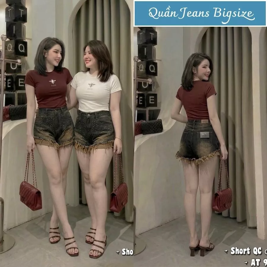 Quần Short Jean Nữ Bigsize Ép Đá QC Cao Cấp, Tua Rua Cá Tính (55-90kg) QC10036