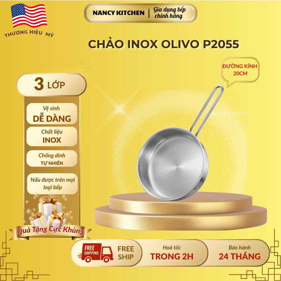 Chảo inox Olivo P2055-3 lớp-chống dính tự nhiên-cao 5.5cm-size 20cm-tay cầm cách nhiệt-chảo sâu lòng
