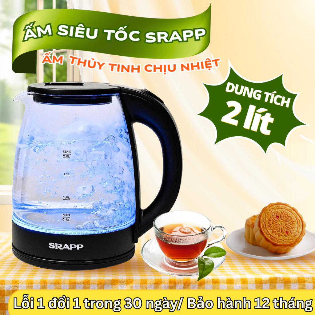 Ấm đun siêu tốc thủy tinh SRAPP 204(B) dung tích 2L, công suất 1500W có đèn LED tự động ngắt khi sôi