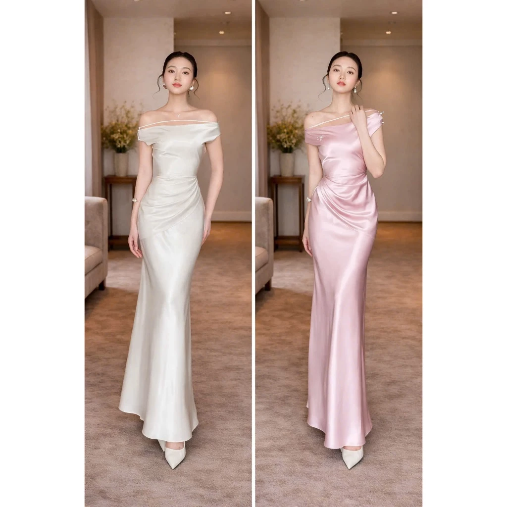 ĐẦM LỤA HÀN BỆT VAI HỒNG & NUDE