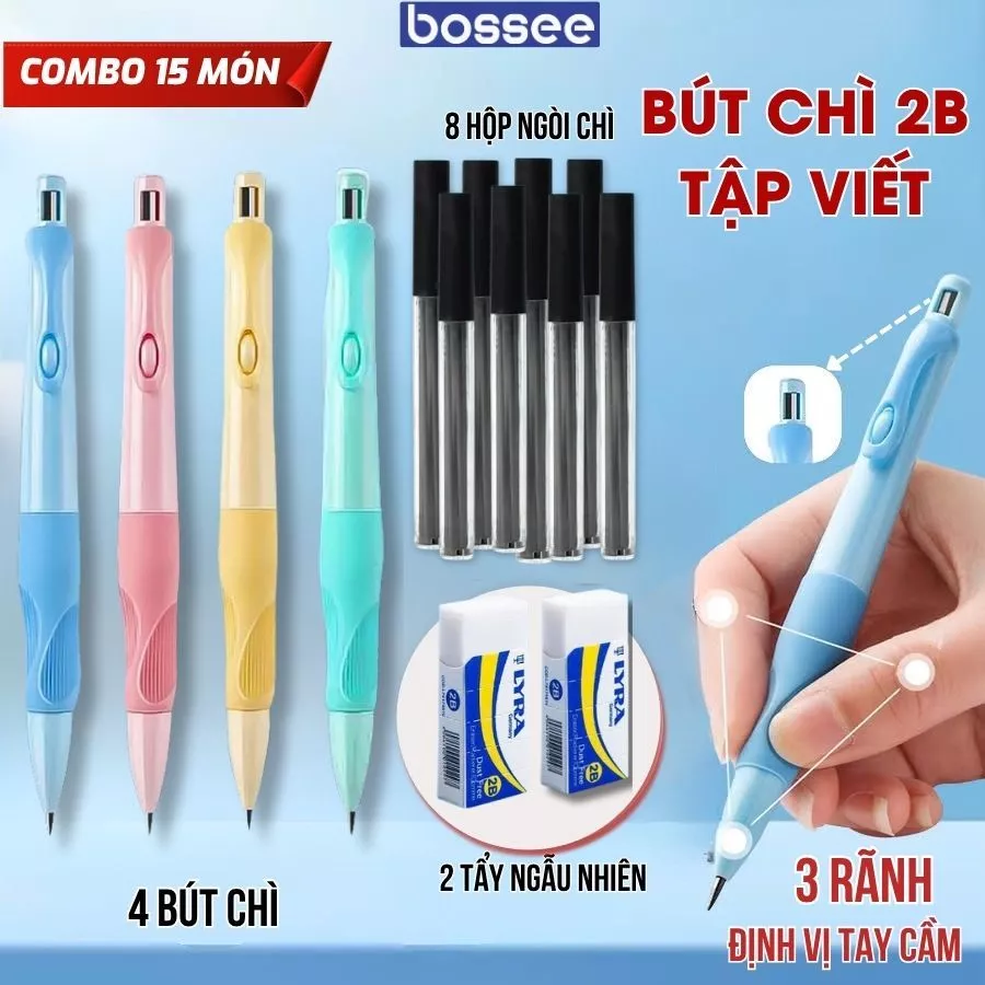 Combo 15 Món Bút Chì Cá Heo, Ngòi Chì, Tẩy Hoa Quả, Màu Vẽ - Bút Luyện Viết Cho Ngòi 2.0mm 2B To Đậm Kèm Đầu Gọt