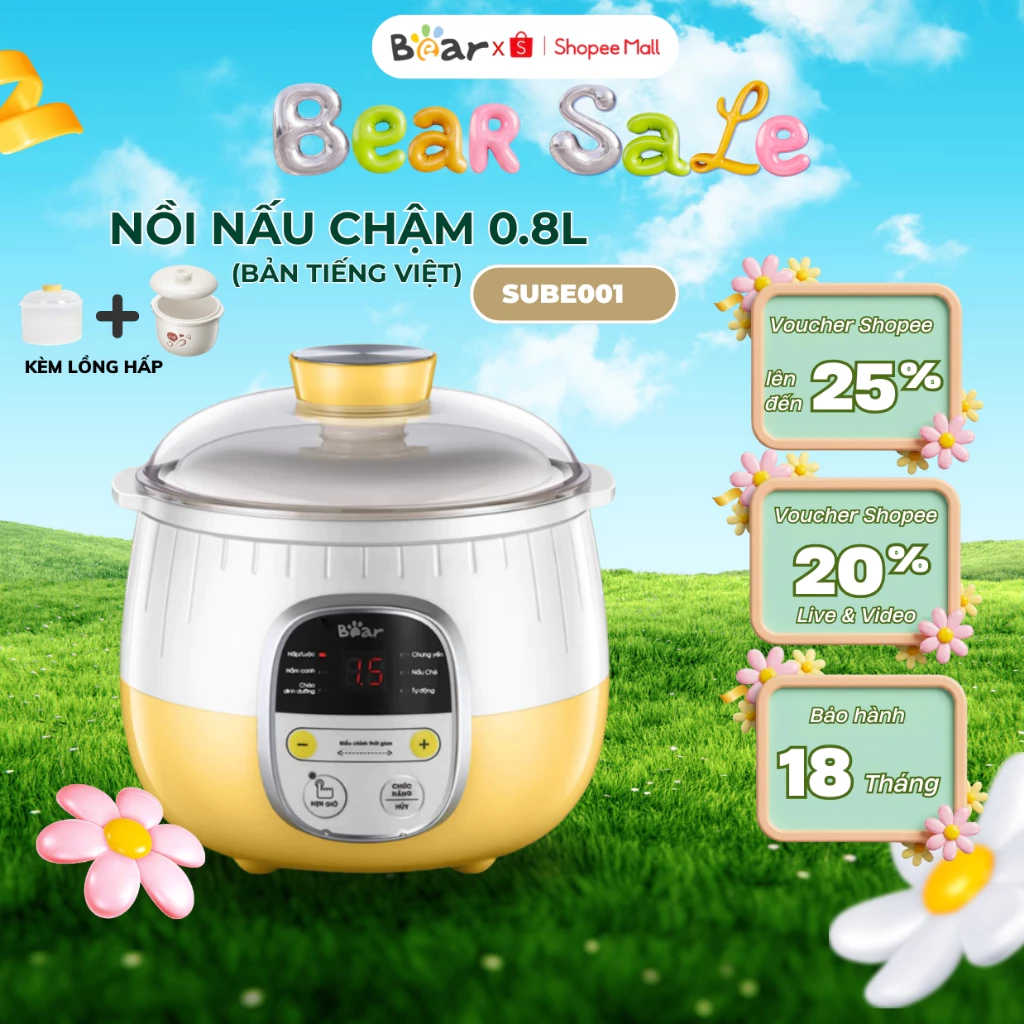 Nồi nấu cháo chậm cho bé đa năng 0.8L Bear SUBE001, 200W, 6 Chế độ nấu, Kèm Lồng Hấp, BH 18 thág