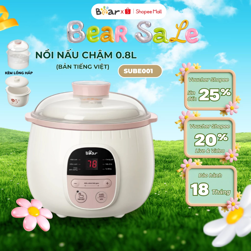 Nồi nấu chậm 0,8L Bear SUBE001, Đa năng nấu cháo, hầm, ninh lõi bằng gốm giữ nhiệt lâu, BH 18 Tháng