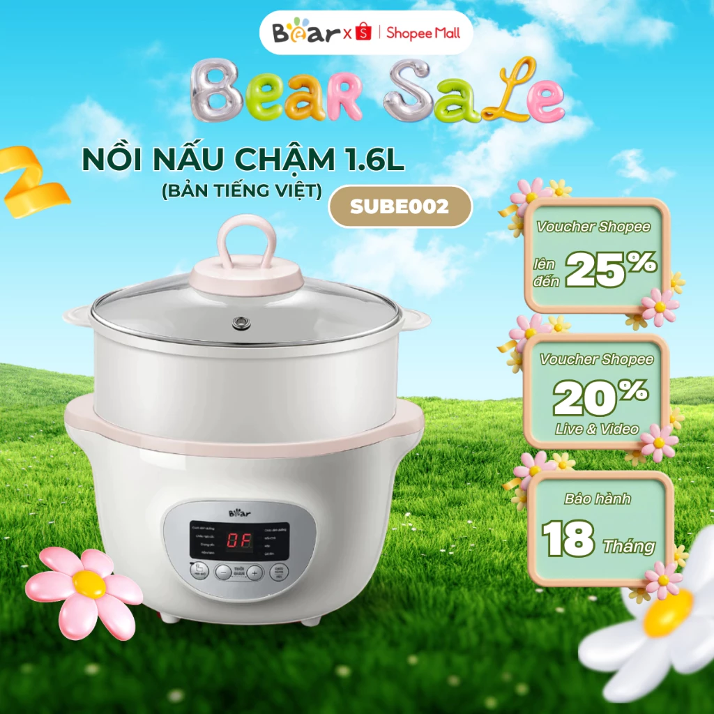Nồi Nấu Chậm 1,6L Bear SUBE002  Đa Năng - 200W- Nấu Cháo, Chưng Yến Bản Tiếng Việt-Bảo Hành 18 Tháng