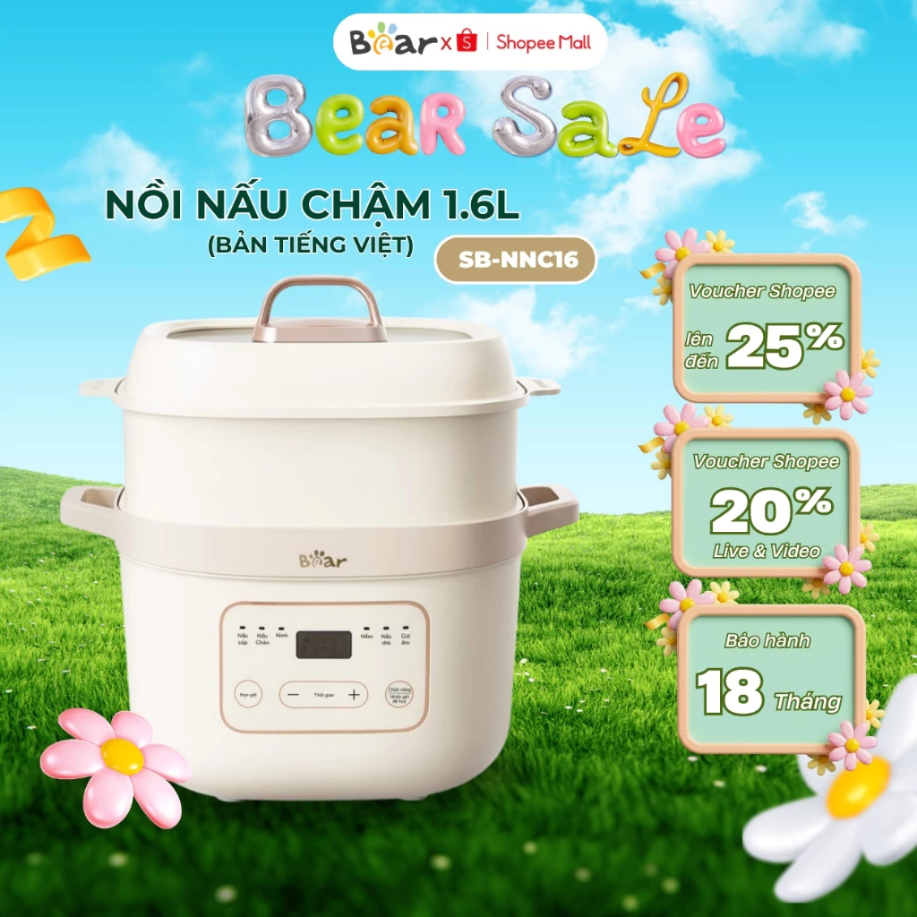 Nồi Nấu Chậm Bear 1,6L SB-NNC16 Đa Năng- CS 270W- 6 Chế Độ Ninh Nấu Hầm Hấp Chưng Yến - BH 18 Tháng