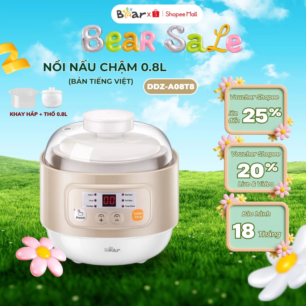 Nồi nấu cháo chậm cho bé Bear DDZ-A08T8 đa năng, Dung tích 0.8L, 200W, kèm lồng hấp, BH 18 tháng