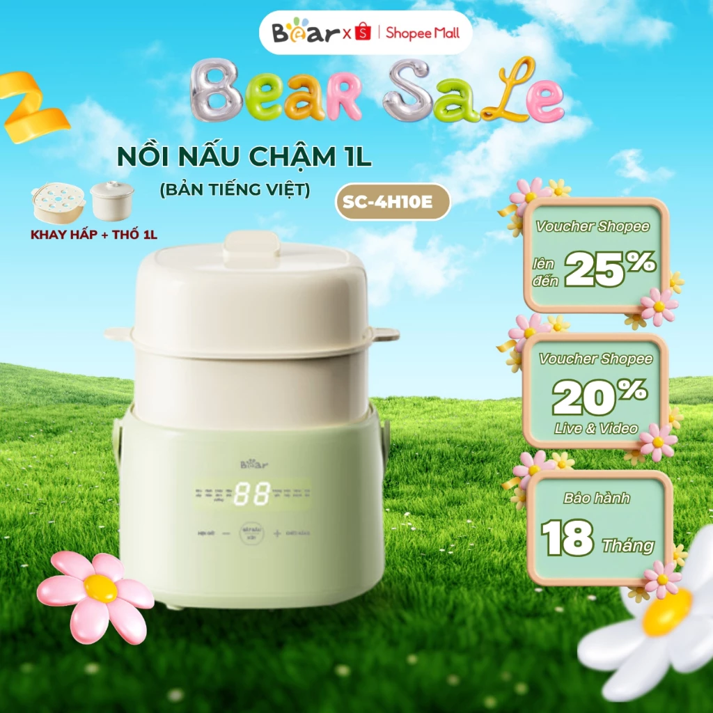 Nồi nấu cháo chậm cho bé 1L đa năng Bear SC-4H10E, Công Suất 200W, Gốm Sứ, Có Xửng Hấp,BH 18 Tháng