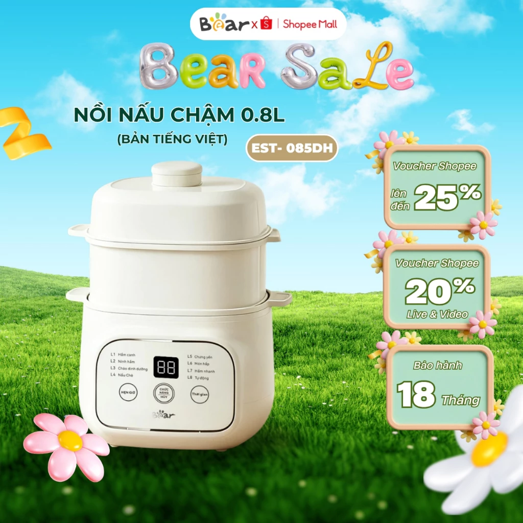 Nồi Nấu Cháo Chậm Cho Bé Đa Năng 0.8L Bear EST- 085DH, Kèm Lồng Hấp, Hẹn Giờ, Cách Thủy, BH 18 Tháng