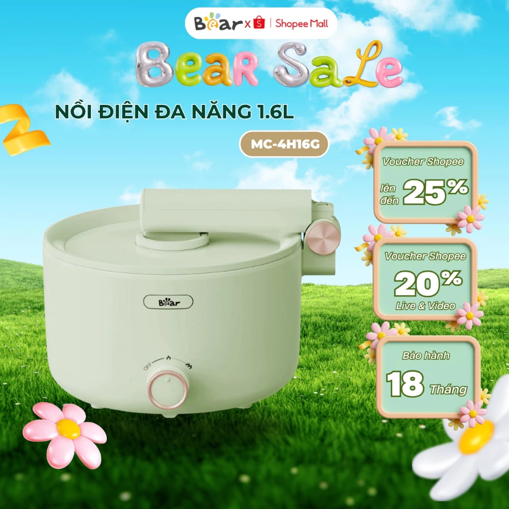 Nồi lẩu mini đa năng Bear MC-4H16G, Dung tích 1.6L, Chống Dính, Tay Cầm Gấp Gọn, Bảo Hành 18 tháng