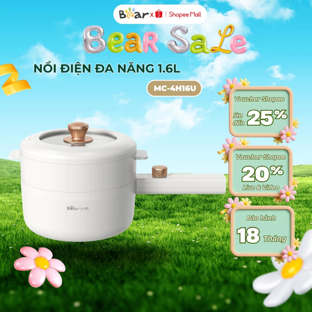 Nồi lẩu điện 1.6L đa năng Bear MC-4H16U, 700W, cách nhiệt, tráng men chống dính, Bảo Hành 18 tháng