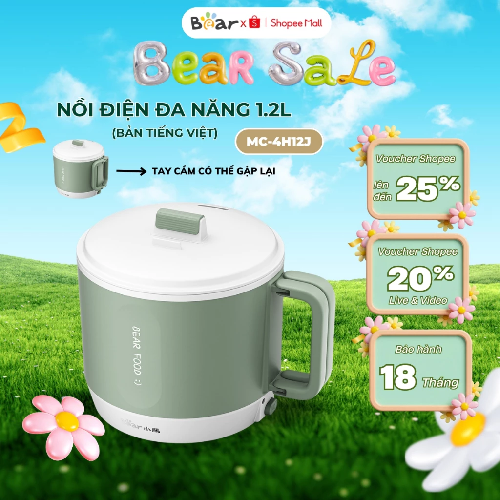 Nồi Lẩu Điện Đa Năng Bear MC-4H12J (DRG-Z12K1), Dung Tích 1.2L, Hầm Ninh Hấp Xào,Bảo Hành 18 Tháng