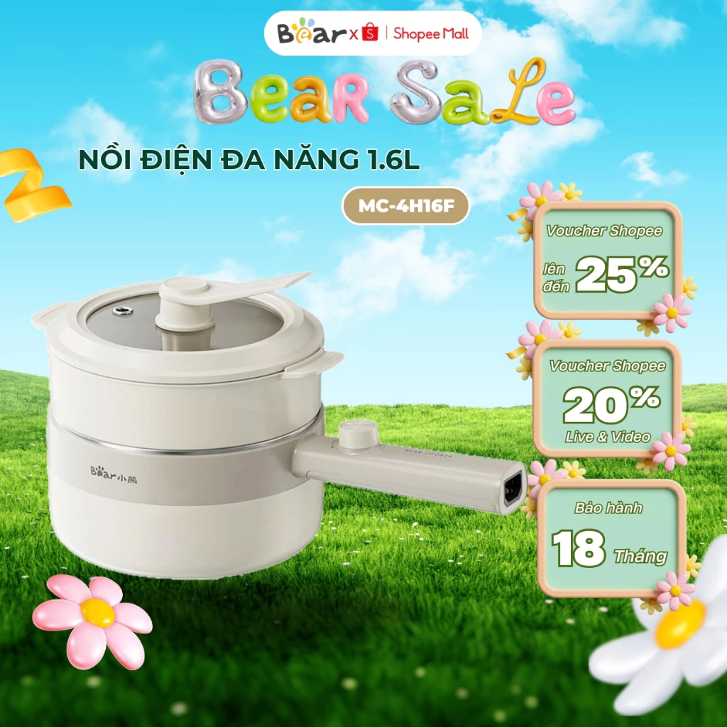 Nồi Lẩu Điện Đa Năng 1.6L Bear MC-4H16F, Công suất 800W, Có Xửng Hấp, Cho 1-3 Người, BH 18 Tháng