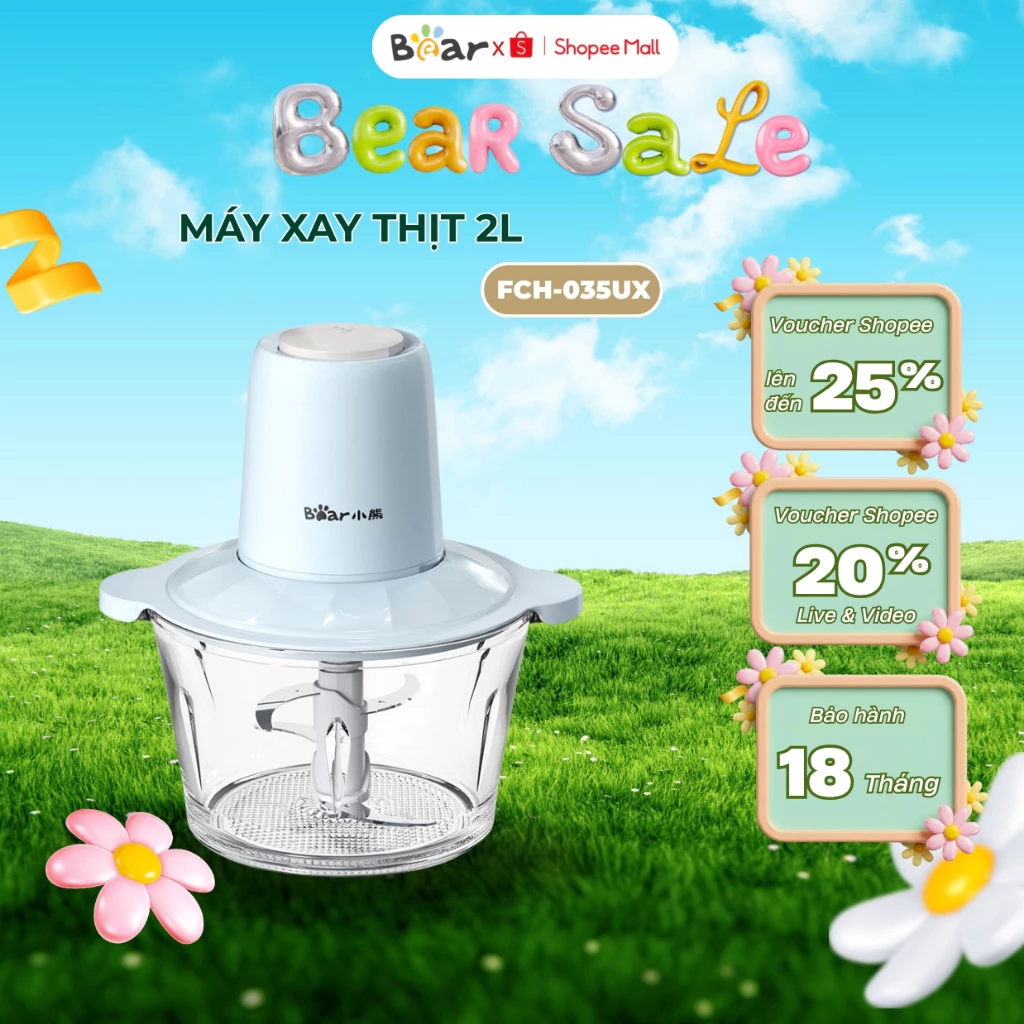 Máy xay thịt đa năng 2L Bear FCH-035UX, 300W, cối thủy tinh, xay tỏi, ớt, tôm,cá rau củ, BH 18 Tháng