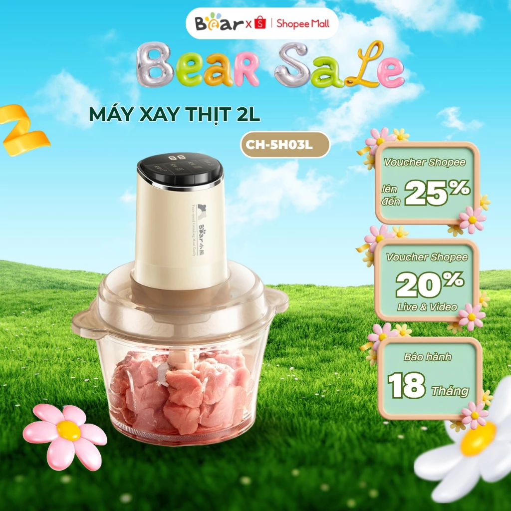 Máy xay thịt 2L đa năng Bear CH-5H03L, Công suất 300W, Cối thủy tinh xay tỏi ớt rau củ, BH 18 Tháng