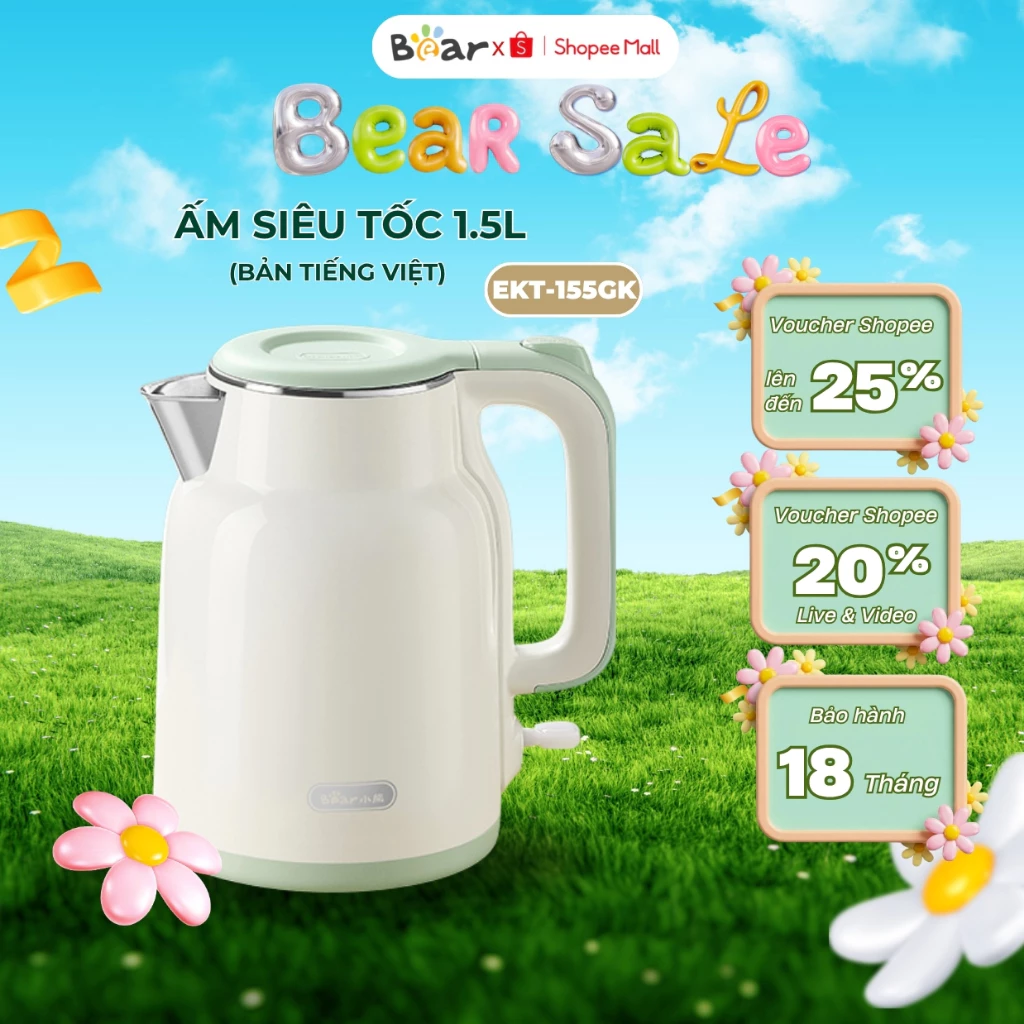 Ấm siêu tốc Bear EKT-155GK 1.5L, 1500W, Đun siêu tốc lõi inox, Làm nóng nhanh, Bảo Hành 18 Tháng