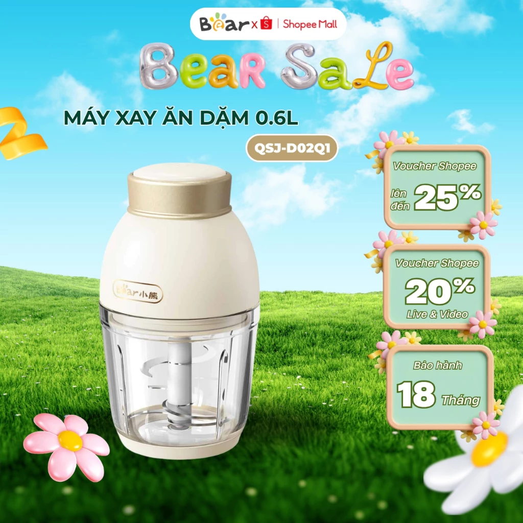 Máy xay ăn dặm cho bé 0.6L Bear QSJ-D02Q1, 200W, 6 Lưỡi dao inox,xay sinh tố thịt rau củ,BH 18 Tháng