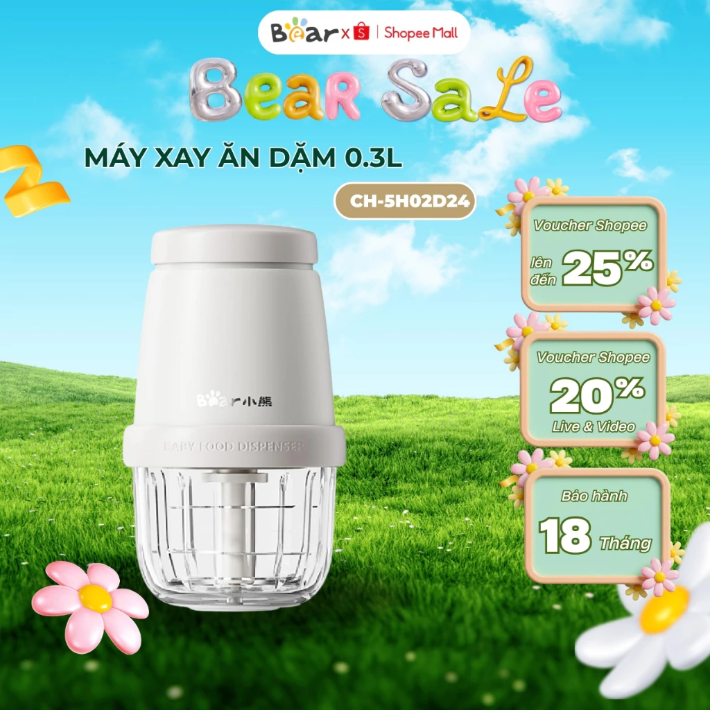 Máy xay ăn dặm cho bé mini Bear CH-5H02D24, 200W, cối thủy tinh, 8 lưỡi dao INOX, Bảo Hành 18 Tháng