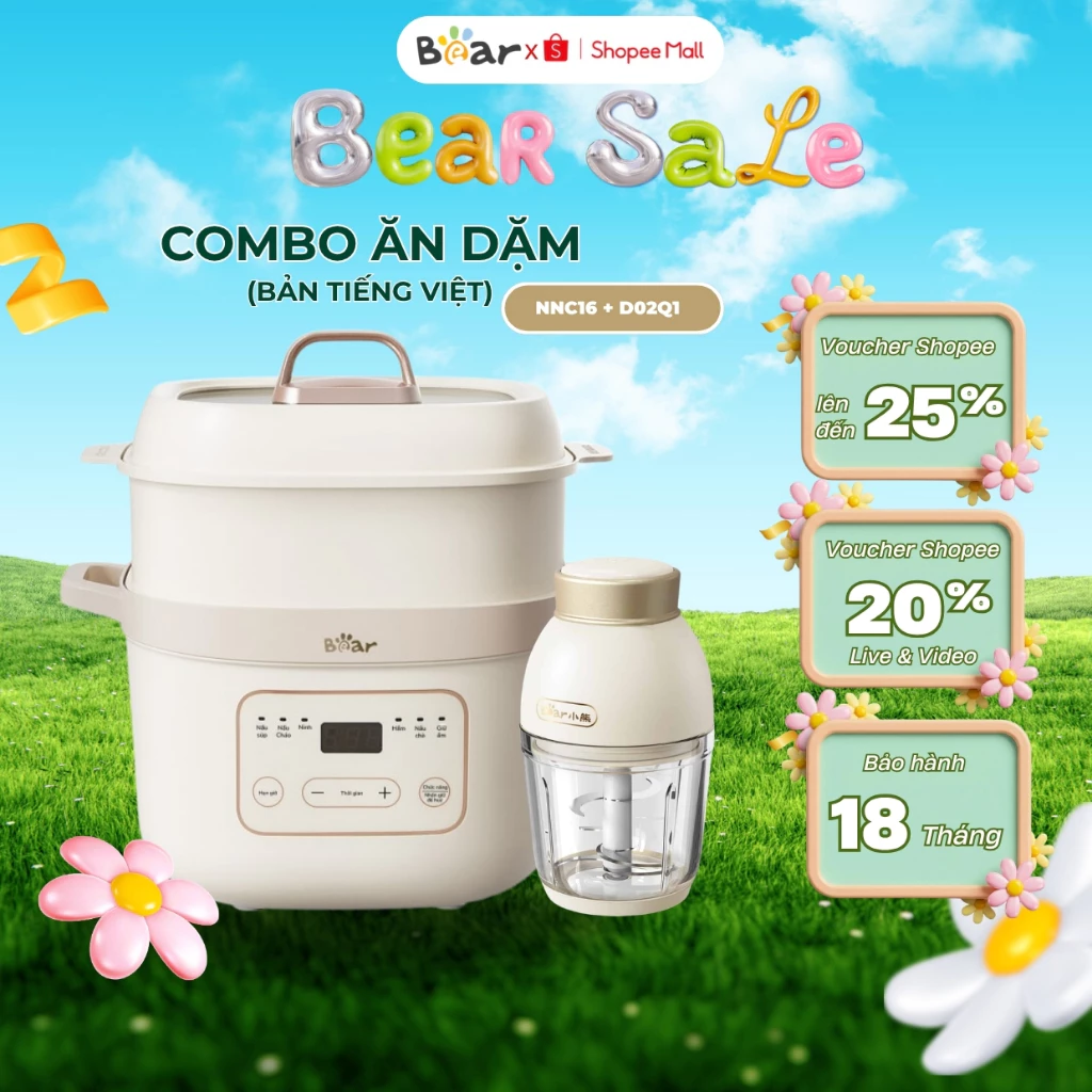 COMBO Nồi nấu cháo chậm 1.6L Bear SB-NNC16 + Máy xay thực phẩm Đa Năng Bear QSJ-D02Q1, BH 18 tháng
