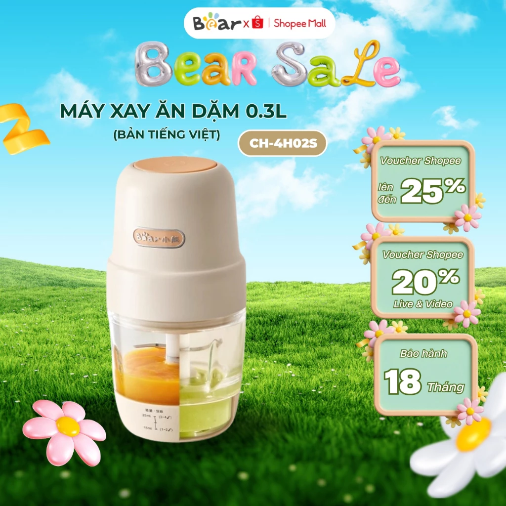 Máy xay ăn dặm mini cho bé 0.3L Bear CH-4H02S, Công suất 200W, 8 Lưỡi dao INOX, Bảo Hành 18 Tháng