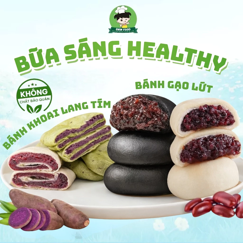 [BỮA SÁNG HEALTHY] Bánh Gạo Lứt Dâu Tằm, Bánh Gạo Lứt Đậu Đỏ, Bánh Khoai Lang Tím Khoai Môn Shin Food Ít Đường Ít Calo
