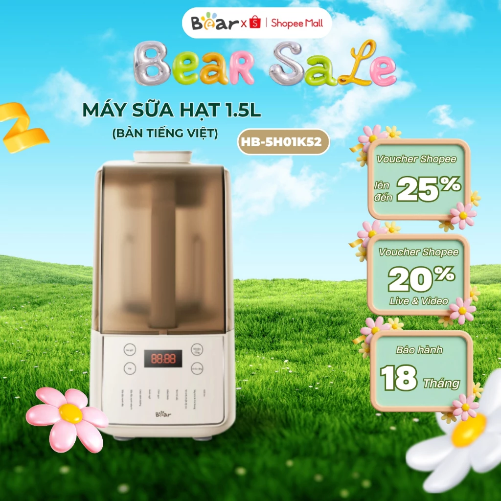 Máy làm sữa hạt 1.5L đa năng BEAR HB-5H01K52, Công suất 1000W, 10 Lưỡi inox, 10 Chế độ, BH 18 tháng