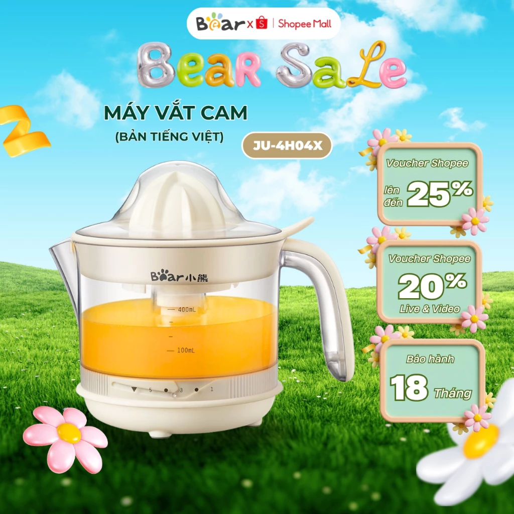 Máy Vắt Cam Tự Động Bear 5 Mức Độ Ép Xoay 2 Chiều JU-4H04X, 0.4L, Công Suất 30W, Bảo Hành 18 Tháng