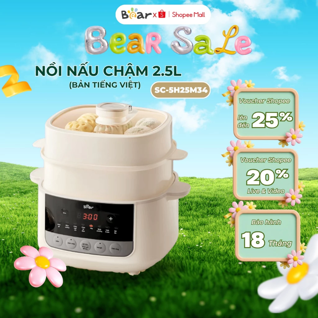 Nồi nấu cháo chậm 2.5L cho bé Bear SC-5H25M34, Công suất 600W, Hầm- Chưng Yến-Kho Cá, BH 18 Tháng