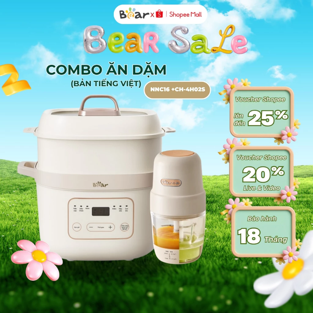COMBO Nồi nấu cháo chậm 1.6L Bear SB-NNC16 và Máy xay ăn dặm 1 cối 8 Lưỡi Bear CH-4H02S,BH 18 Tháng