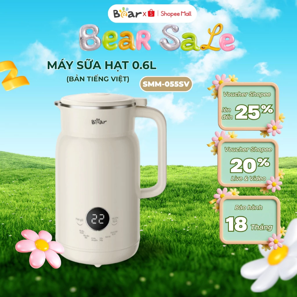 Máy làm sữa hạt 0.6L Bear SMM-055SV, 500W, 8 Lưỡi Dao, Xay sinh tố, Ngũ Cốc, Nhỏ gọn, BH 18 Tháng