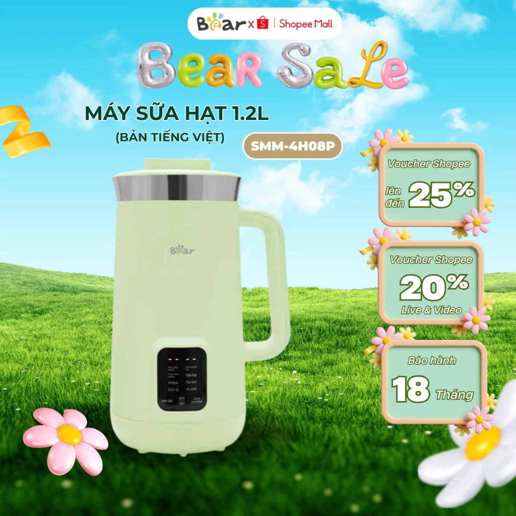 Máy Làm Sữa Hạt Đa Năng Bear SMM-4H08P, Dung Tích 1.2L, 8 Chế Độ Nấu, Xay Sinh Tố, Giữ Ấm, BH 18Th