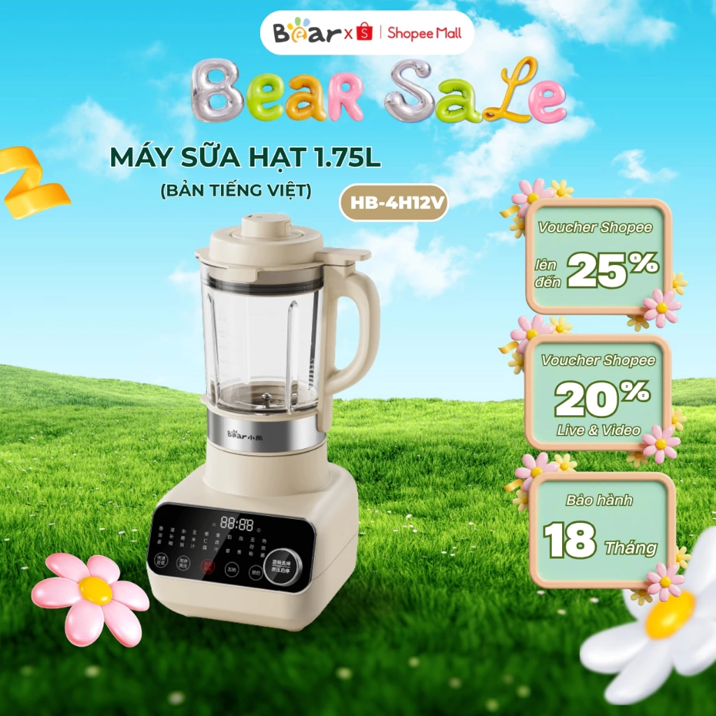 Máy làm sữa hạt 1.75L Bear HB-4H12V (PBJ-D12V6), 1200W, 6 lưỡi inox xay sinh tố,Hẹn giờ, BH 18 Tháng