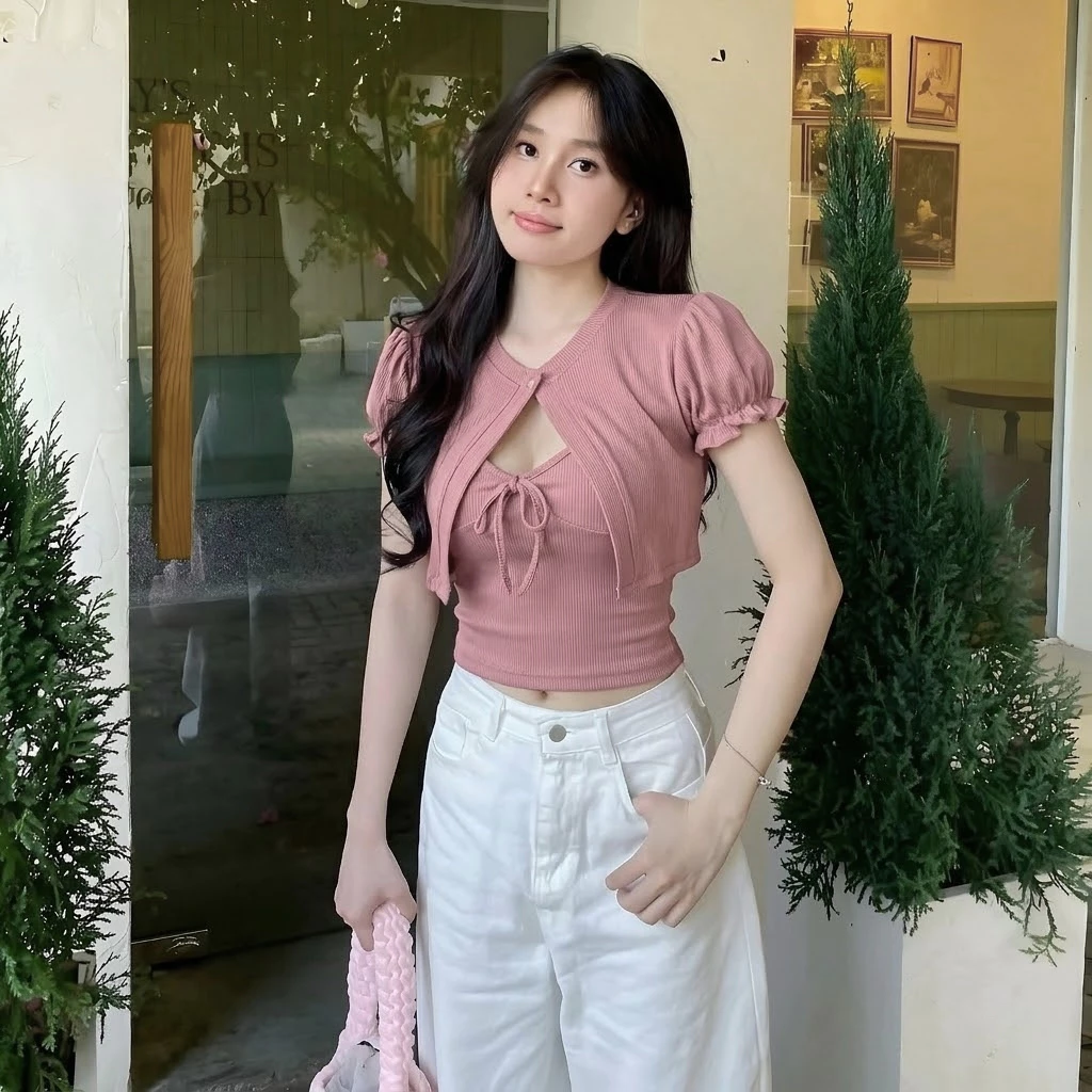 SET CARDIGAN CROPTOP TAY PHỒNG Bo Nhún Phối HAI DÂY Thun Gân SET02, Set Áo Choàng Nữ 2 Dây Thắt Nơ Ôm Body Flo'ra