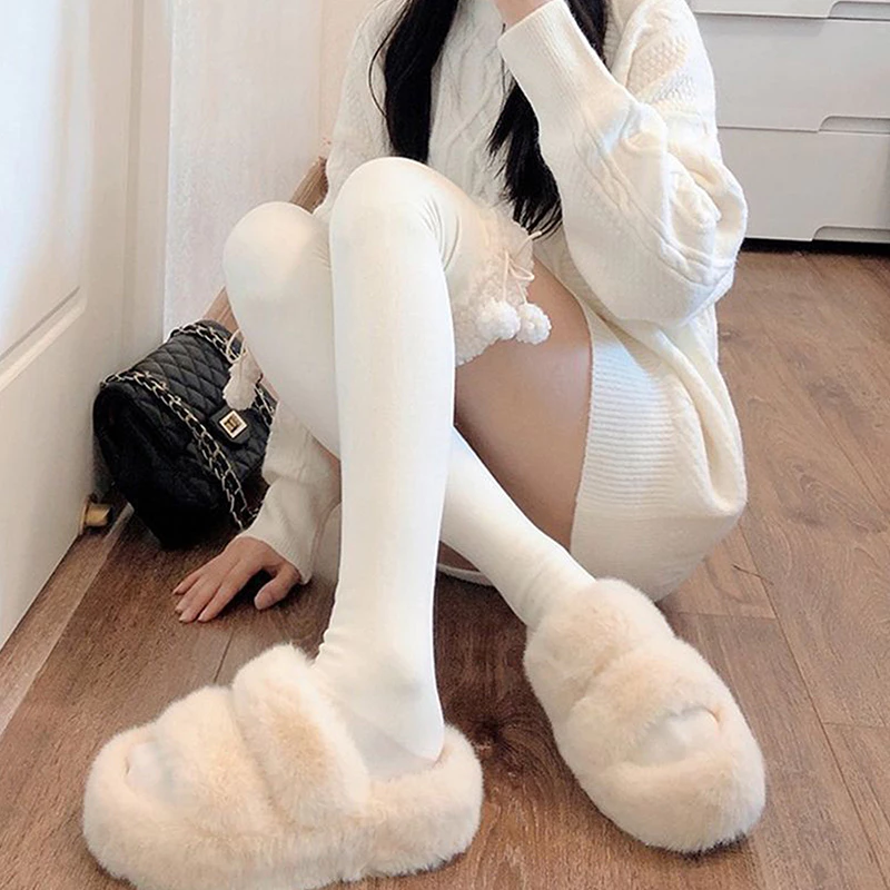Cừu Len Đầu Gối Tất Cao Thu Đông Bóng Len Dễ Thương Ấm Áp Vòng Tất Với Ins Phong Cách Bướm Nút Ngọt Ngào Sang Trọng Dày