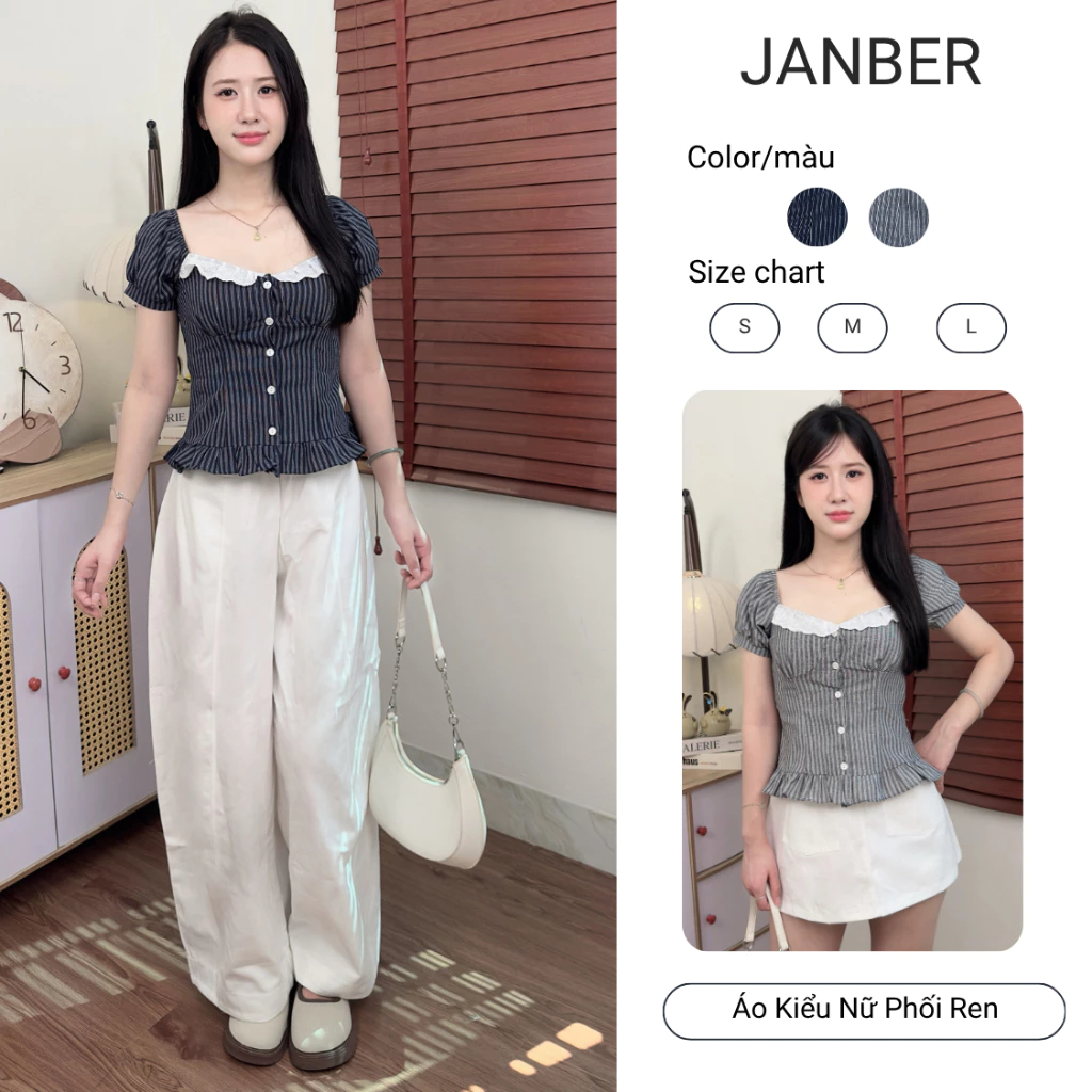 Áo Kiểu Xinh Kẻ Sọc Bo Thân Tay Bồng Pha Ren Xinh Xắn Janber