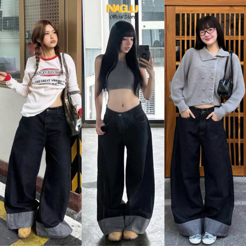 [DEAL MỞ BÁN]Quần Jeans Nữ Ống Suông Gập Gấu NAGUU Cạp Cao Tôn Dáng, Quần Bò Ống Rộng Style Hàn Quốc