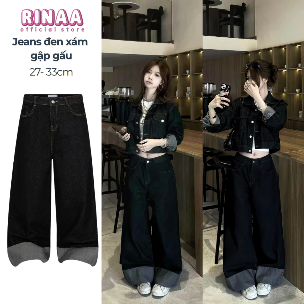 [MỞ BÁN]Quần Jeans Nữ Đen Xám Gập Lai RINAA Cạp Cao, Quần Bò Ống Rộng Lật Gấu Style Hàn Quốc