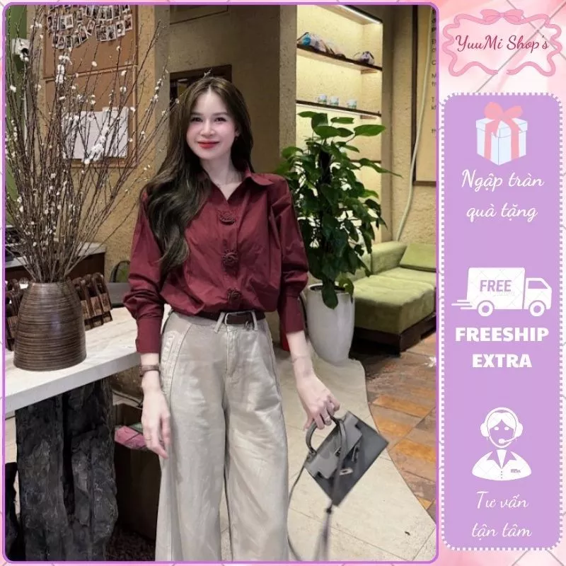 Áo sơ mi nữ tay dài HCOM27154 màu đỏ đô chất vải mịn không nhăn, sơ mi kiểu nút tàu sang chảnh dễ phối Yuumis
