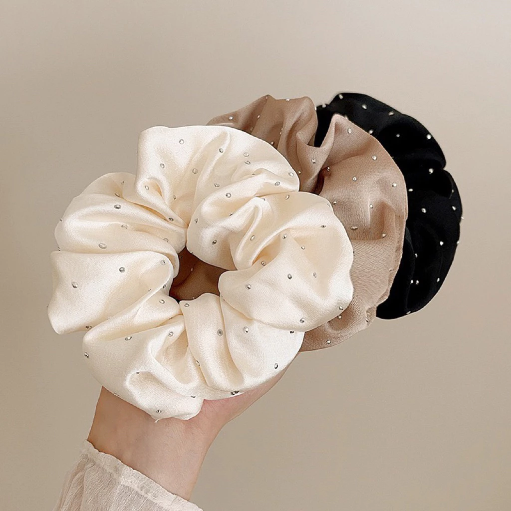 Dây buộc tóc scrunchies cỡ bé đính đá phong cách tự nhiên cao cấp, chun buộc tóc nữ co giãn buộc đuôi ngựa