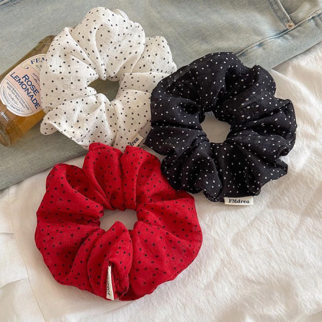 Dây buộc tóc scrunchies chấm bi phong cách vintage, chun buộc tóc nữ co giãn tốt buộc búi – đuôi ngựa