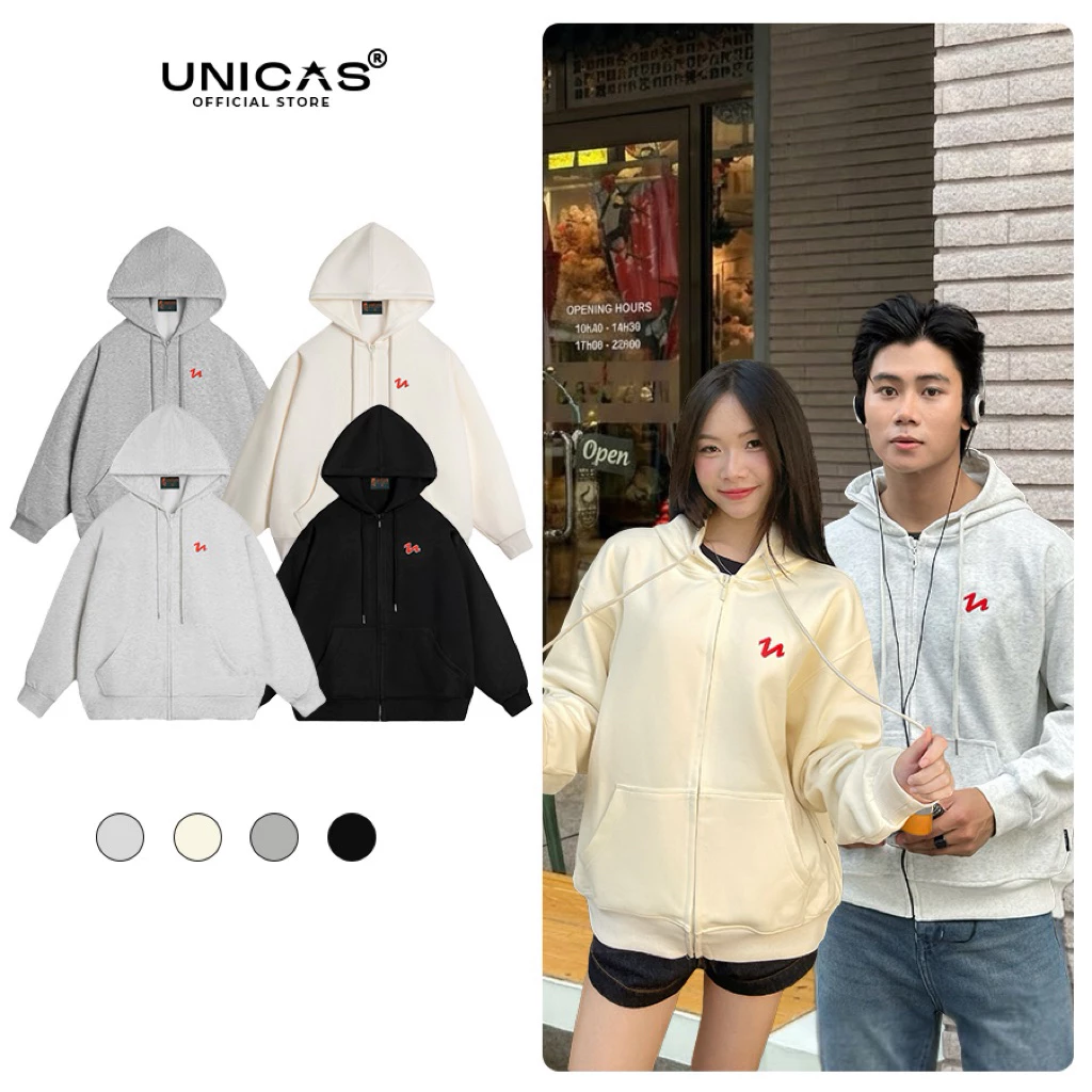 Áo Khoác Hoodie Zipper UNICAS Form Regular Rộng Vải Nỉ Cotton 2 Mặt Logo Thêu Nổi Dễ Mặc Dễ Phối