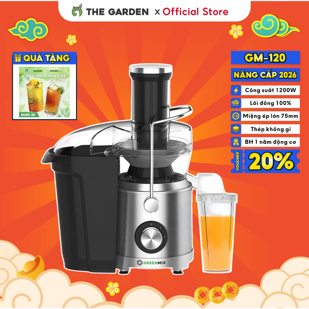 Máy Ép Nhanh Trái Cây, hoa quả Công Nghiệp THE GARDEN x GREENMIX công suất 1200W, Chất liệu inox, miệng ép 75mm