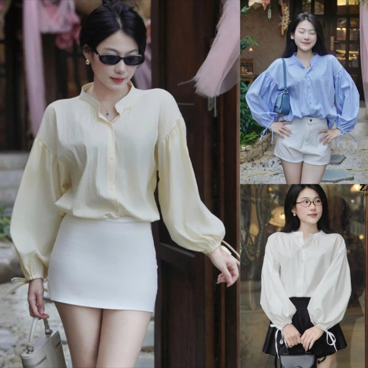 Áo Sơ Mi Babydoll Nữ Dáng Tay Phồng Bo Chun Thắt Nơ Áo Dài Tay SM19 Form Rộng Chất Mềm Thoáng Mát