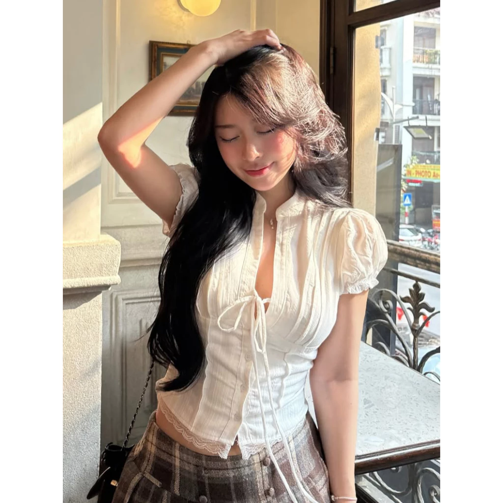 Áo Kiểu Nữ Dáng Croptop Chi Tiết Cổ Tàu Tay Bồng Cột Dây Nơ Mùa Hè Ki mee - KA832
