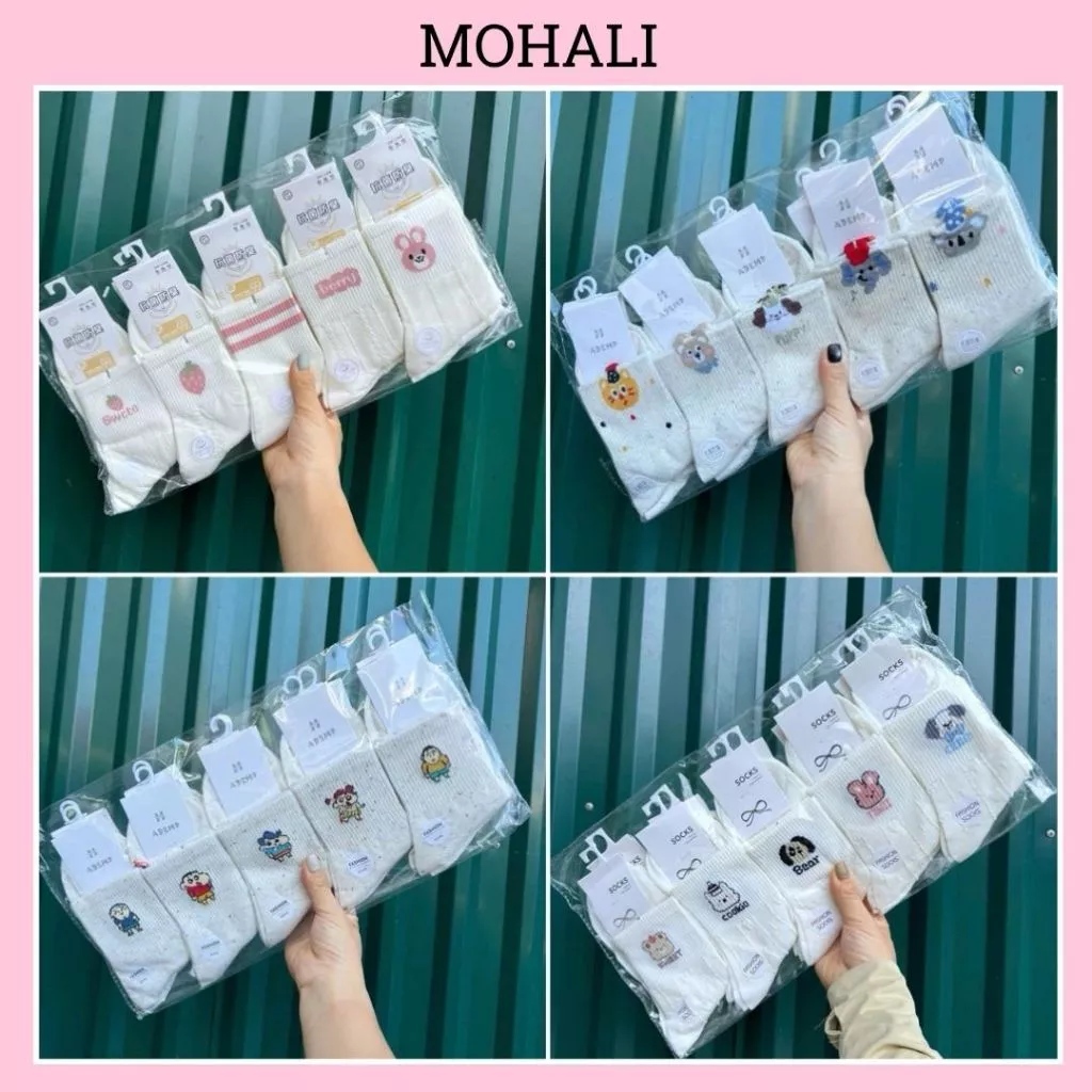 Set 5 đôi tất vớ nữ cổ cao màu kem chất liệu cotton êm chân thấm hút mô hôi tốt MOHALI SVC134